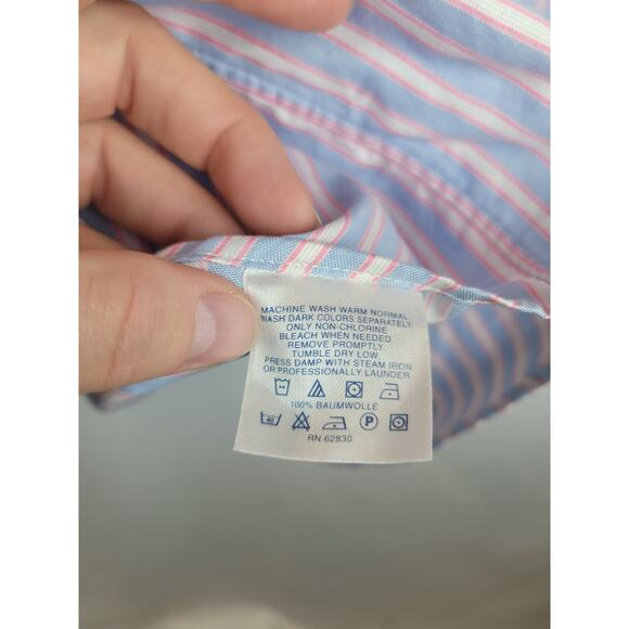 Lands End Mens Super Fine 2-Ply Yarn Striped Pink Blue Button Up Size 17/37 Tall - Picture 12 of 13